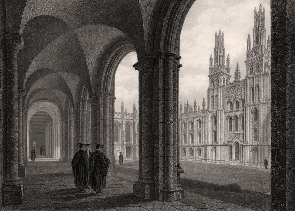 The Cloister &c. of All Souls College, Oxford, by John Le Keux 1837 old print